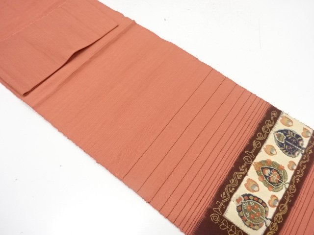  手織り紬　横段に抽象花模様織り出し　名古屋帯